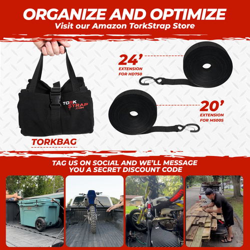 TorkStrap HD750 | 14'x1.5'' Spring Loaded Tie Down Straps - Adapts to Load Shifts - Heavy Duty 2250lbs Max Load - Just Pull Alternative to Ratchet Straps w/Hooks - Secure Motorcycles, Kayaks TorkStrap