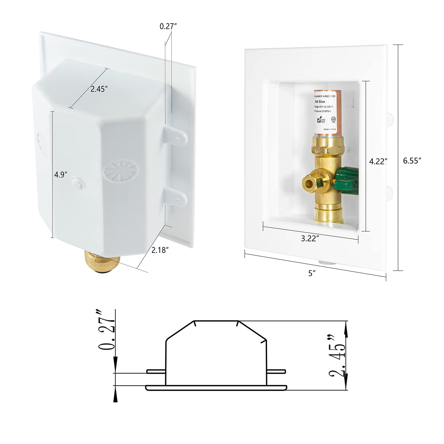1/2" Push Fit Inlet, Ice Maker Outlet Box, with Copper Water Hammer Arrestor