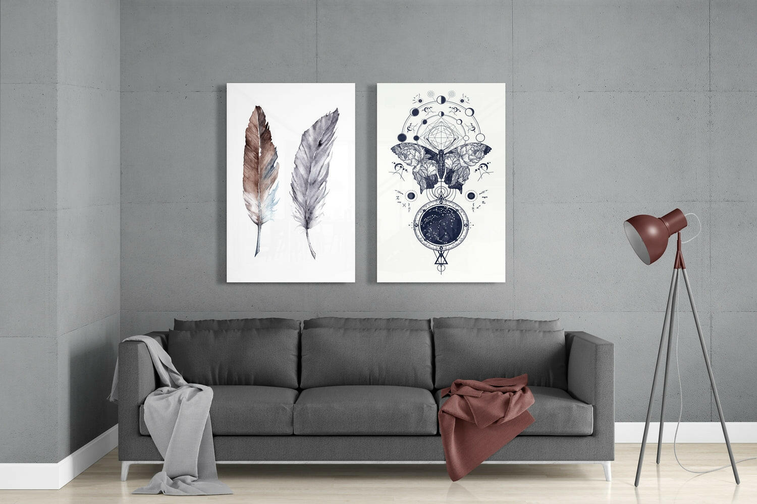 Insigneart USA Feathers and Butterfly 2 Pieces Combine Glass Wall Art