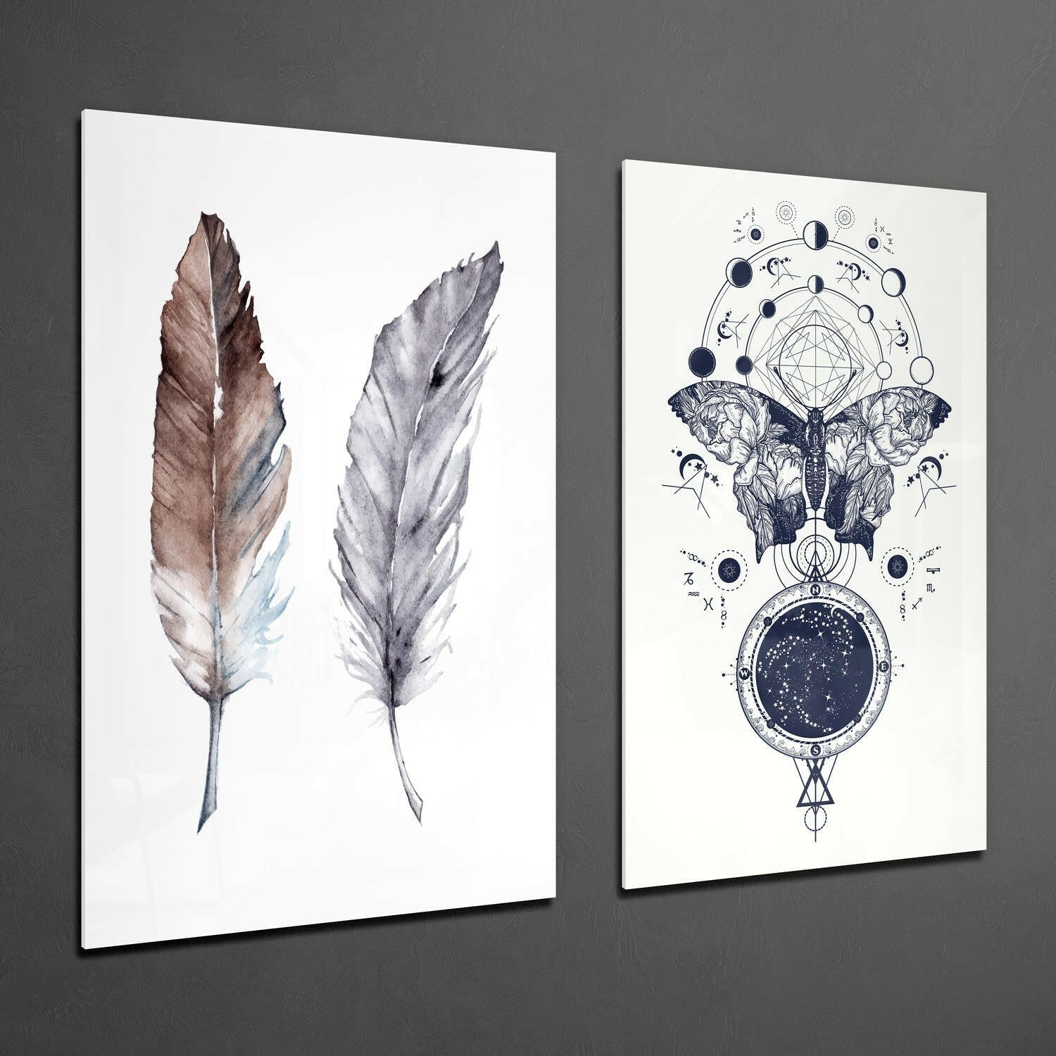 Insigneart USA Feathers and Butterfly 2 Pieces Combine Glass Wall Art