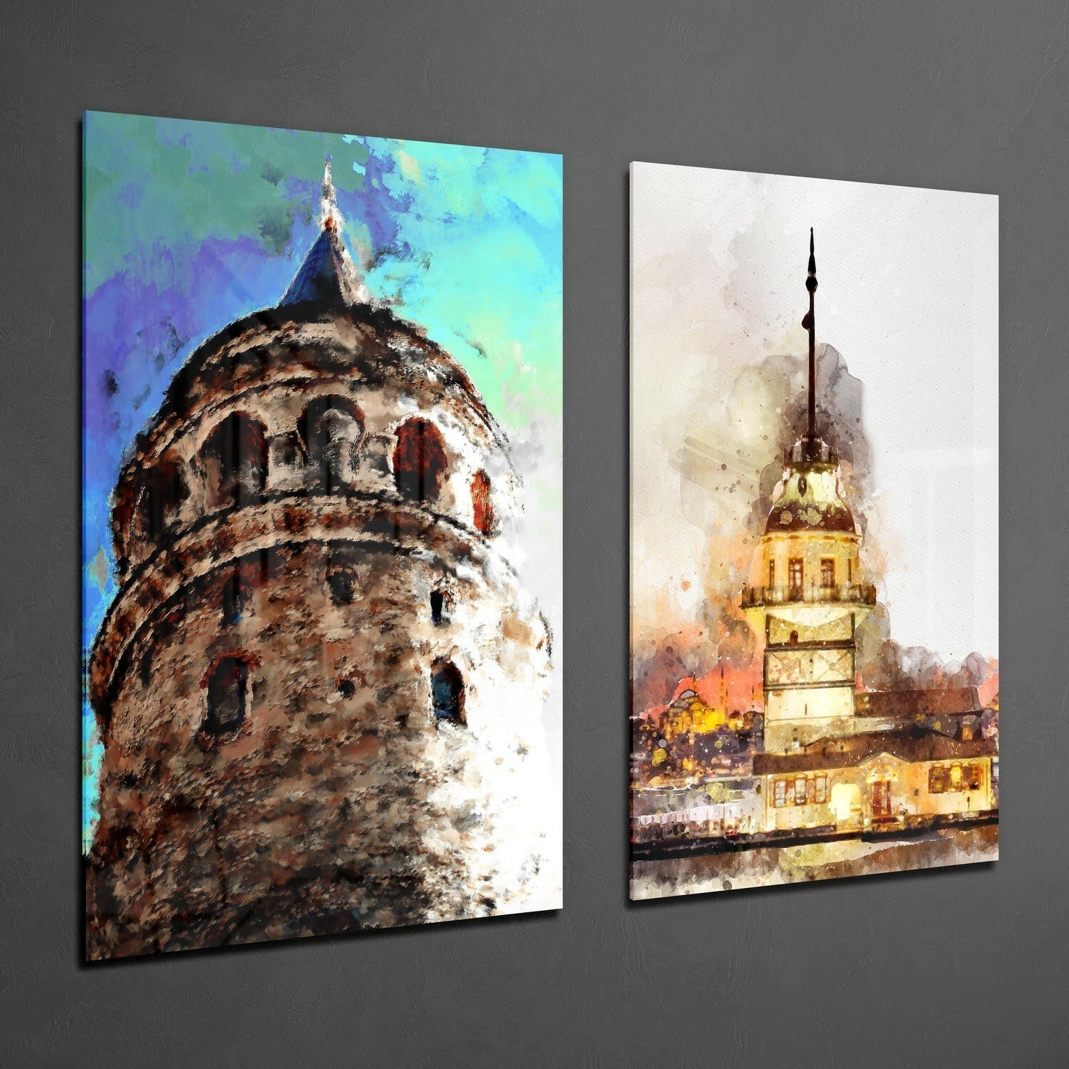 Insigneart USA Galata Tower and Maiden's Tower 2 Pieces Combine Glass Wall Art