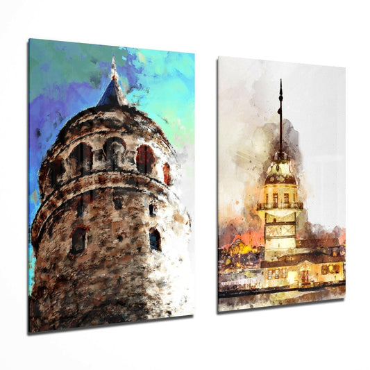 Insigneart USA Galata Tower and Maiden's Tower 2 Pieces Combine Glass Wall Art