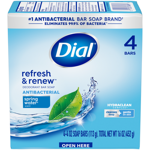 Dial Antibacterial Bar Soap, Refresh & Renew, Spring Water, 4 oz, 4 Bars