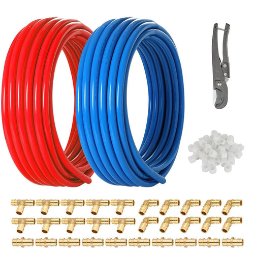 3/4" 2 x100ft, 200ft PEX-A Tubing (Blue & Red), 3/4" Brass Expansion Elbow & Tee &Coupler (30 PCS), 3/4" Expansion Rings (100 PCS), Pipe Cutter (3/4" ) Plumbingsell