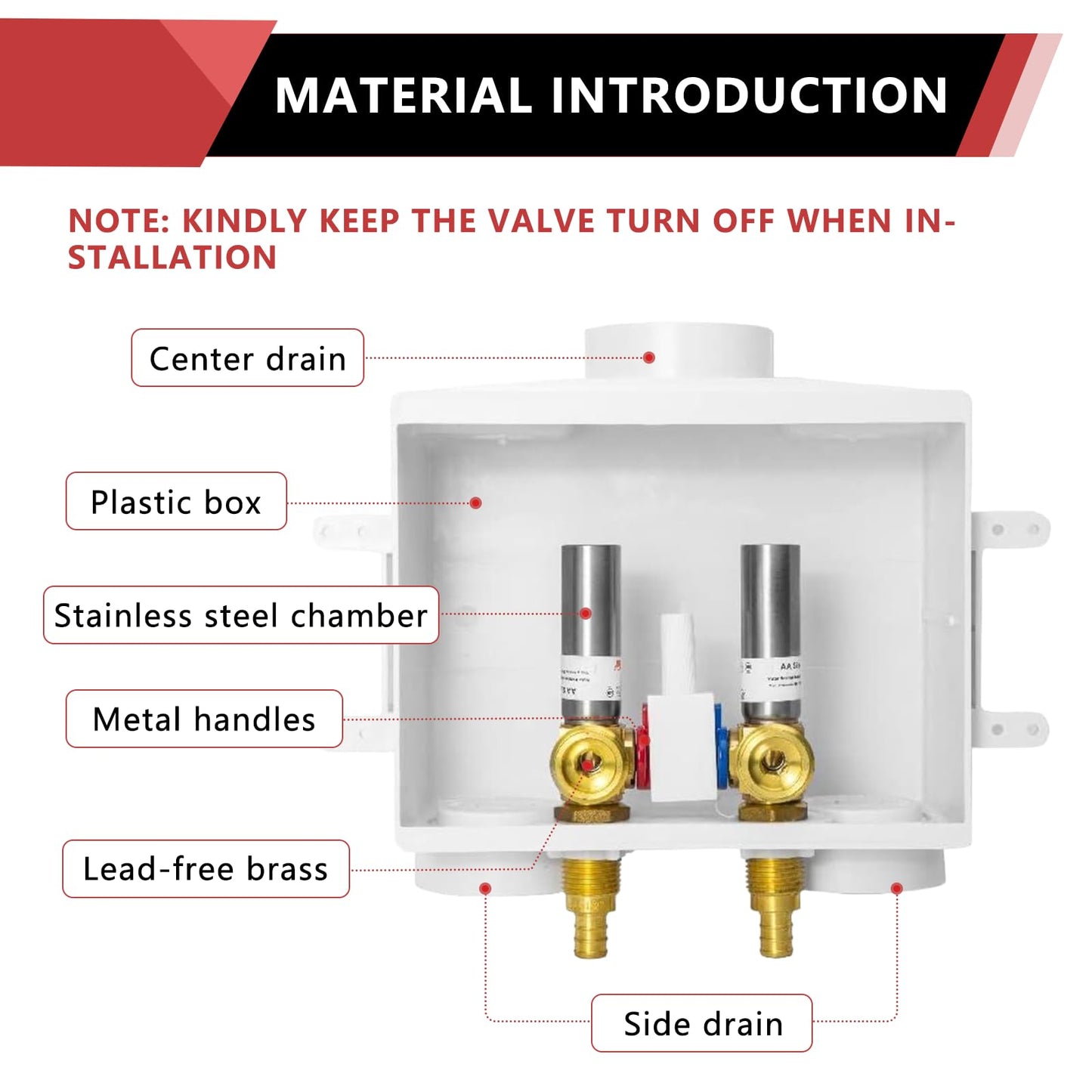 1/2" PEX Expansion (F1960) Inlet, Washing Machine Outlet Box, Single Control Valve, with SS Hammer Arrestor