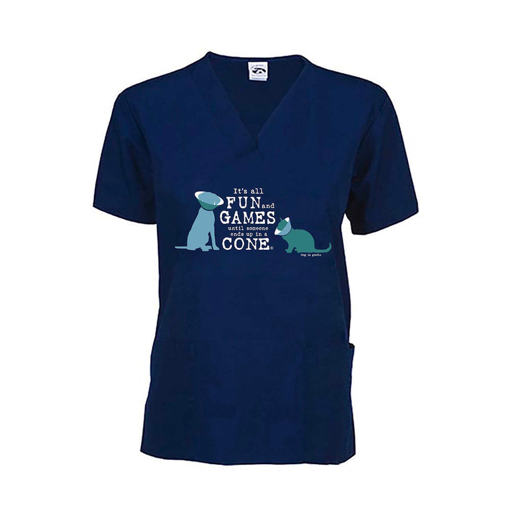Dog is Good Scrub Top: It’s All Fun and Games Until Someone Ends Up in a Cone®,