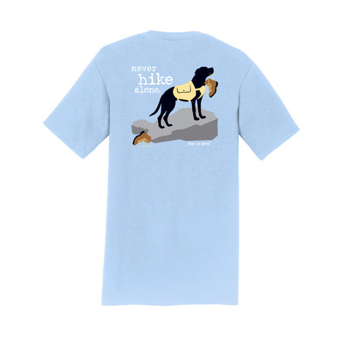 Dog is Good Dog is Good T-shirt: Never Hike Alone (Light Blue)