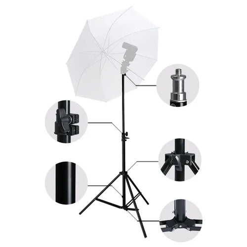 Light stand with umbrella and adjustable parts for photography, featuring secure locking mechanisms and durable materials.