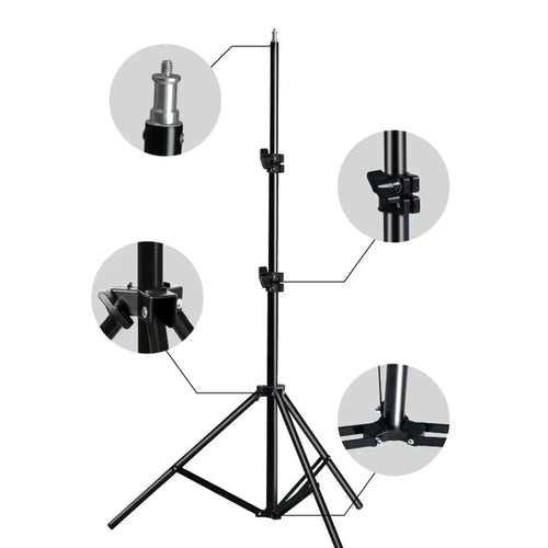 Adjustable aluminum tripod stand for phone and camera with detailed components for stability and versatility.