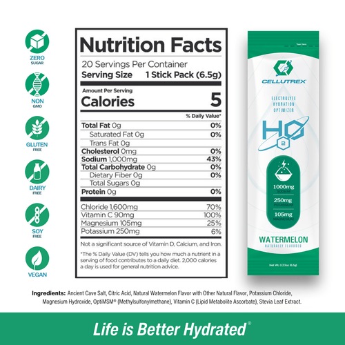 H2O ELECTROLYTES™ - Watermelon | Zero Sugar Electrolyte Powder Cellutrex