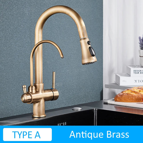 Quyanre Matte Black Filtered Crane For Kitchen Pull Out Spray 360 Rotation Water Filter Tap Three Ways Sink Mixer Kitchen Faucet EzBuyCo