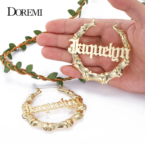 DOREMI Stainless Steel Bamboo Hoop Earrings Customize Name Earrings Bamboo Style Custom Hoop Earring With Statement Words Number