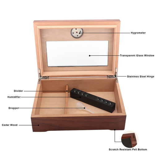 Xifei Cigar Humidor Box W/ Hygrometer Humidifier Portable Smoking  Accessories Glass Window Cigarette Cedar Wood Case