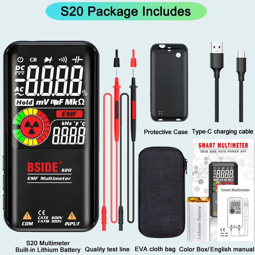 BSIDE Profesional Digital Multimeter Smart 9999 EMF Multitester DC AC Voltage Capacitor Ohm Diode Live Electric Tester USB charg