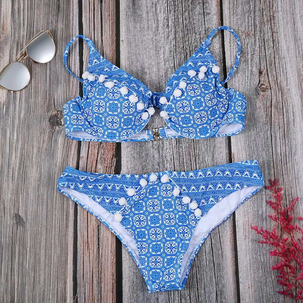 Sexy Two-Piece Swimsuits Women Bikini Set Retro Ethnic Print Beach Wear Blue Color Low Waist Brazilian Girls Bathing Suits