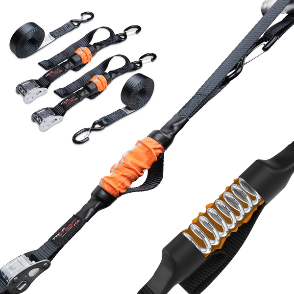 TorkStrap HD750 | 14'x1.5'' Spring Loaded Tie Down Straps - Adapts to Load Shifts - Heavy Duty 2250lbs Max Load - Just Pull Alternative to Ratchet Straps w/Hooks - Secure Motorcycles, Kayaks TorkStrap
