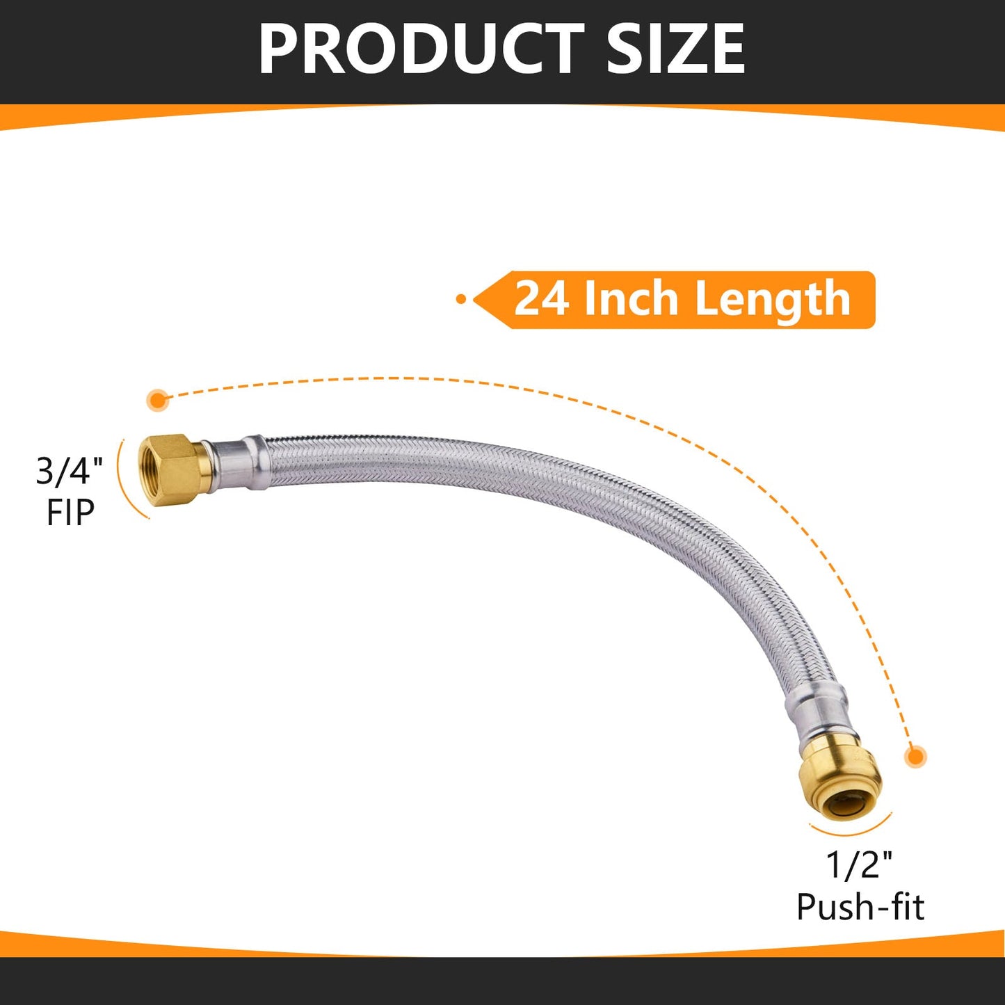 1/2" Push fit x 3/4" FIP, 24" Flexible Water Heater Connector Hose