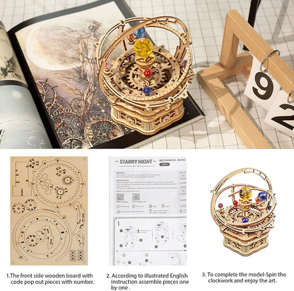 Robotime Rokr 84pcs Rotatable DIY 3D Starry Night Wooden Model Building Kit Block Assembly Music Box Toy Gift for Children Adult