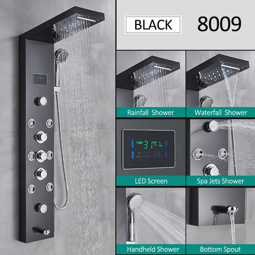 LED Shower Panel Tower System Rain Waterfall Shower Column Hydroelectricity LCD Display With Massage Body Spa Bath Shower Faucet