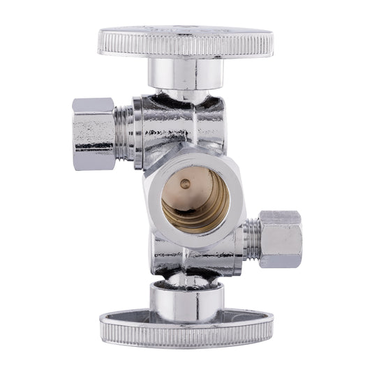 5/8" ODx 3/8" OD Compr. x 1/4" OD Compr. Dual Stop Valve, 1/4 Turn (Lead Free)