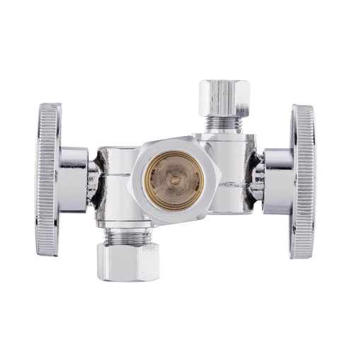 5/8" ODx 3/8" OD Compr. x 1/4" OD Compr. Dual Stop Valve, 1/4 Turn (Lead Free) Plumbingsell