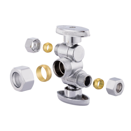 5/8" OD Compr. x 3/8" OD Compr. x 3/8" OD Compr. Dual Stop Valve, 1/4 Turn (Lead Free) Plumbingsell