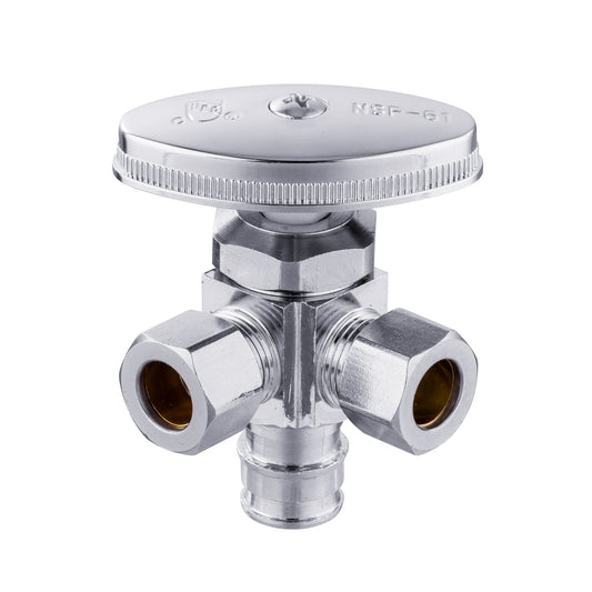 1/2" Pex-a Expansion (F1960) Inlet x 3/8" ODx 3/8" OD Compr. Dual Angle Stop Valve, Multi Turn (Lead Free)