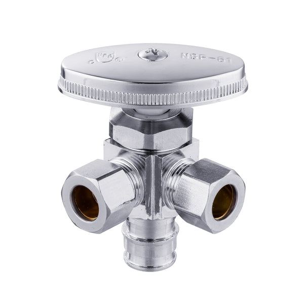 1/2" Pex-a Expansion (F1960) Inlet x 3/8" ODx 3/8" OD Compr. Dual Angle Stop Valve, Multi Turn (Lead Free)
