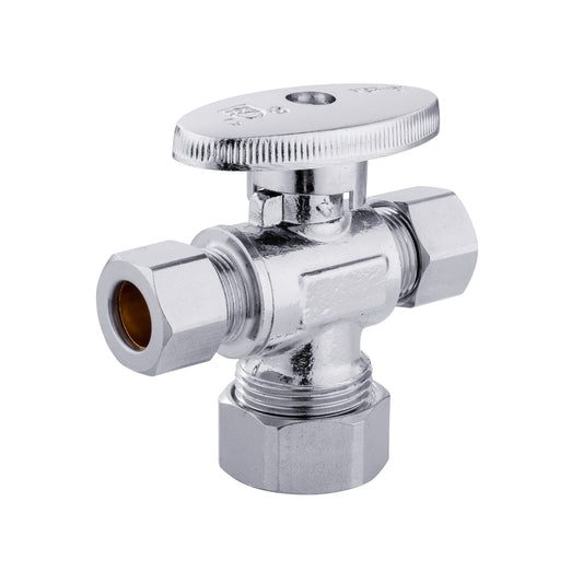 5/8" OD Compr. x 3/8" OD Compr. x 3/8" OD Compr. Dual Outlet Angle Stop Valve, 1/4 Turn (Lead Free)