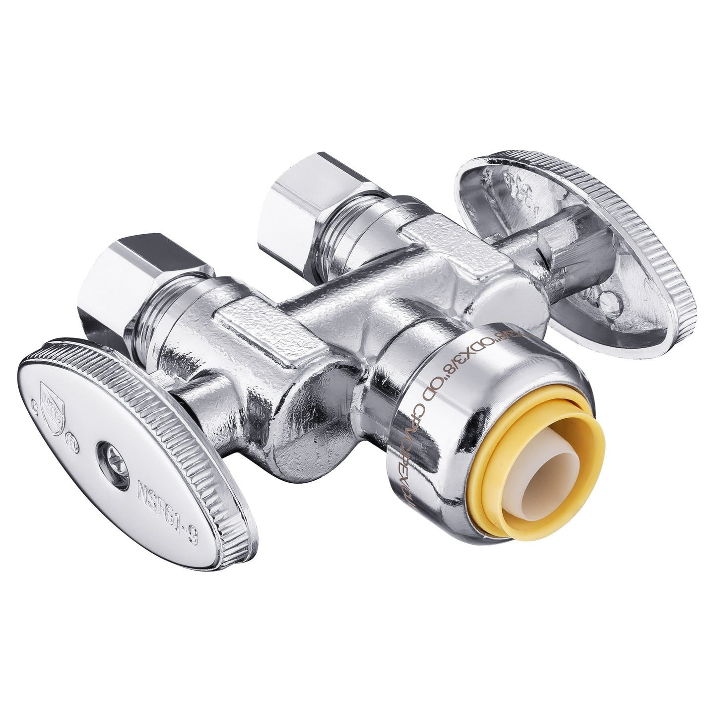 10 Pcs 1/2" Push Connect x Dual 3/8" OD Compr. Compr. Straight Stop Valve, 1/4 Turn (Lead Free) Plumbingsell