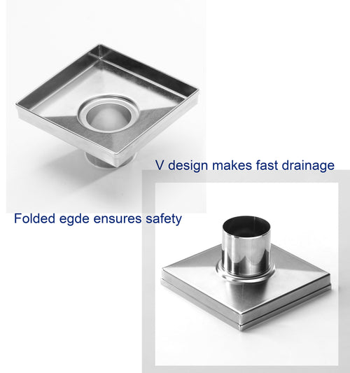6" Square Shower Drain with Removable Grate Brushed Polished 304 Stainless Steel Shower Drain Floor Shower Drain with Hair Strainer Adjustable Levellingft
