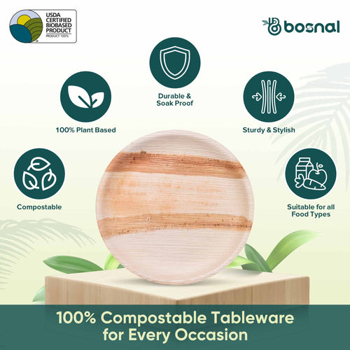 Bosnal - Palm Leaf Biodegradable Plates, 10 inch, Round Bosnal