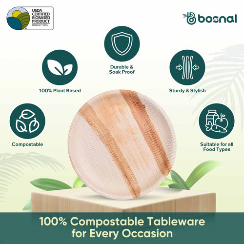 Bosnal - Palm Leaf Biodegradable Plates, 9 inch, Round Bosnal