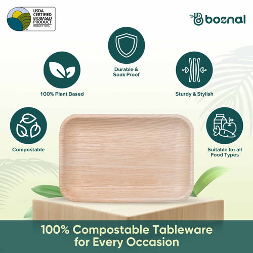 Bosnal - Palm Leaf Biodegradable Plates, 9 x 6 inch Rectangle Bosnal