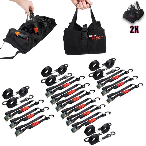 TorkStrap M500 | 14'x1'' Spring Loaded Tie Down Straps - Adapts to Load Shifts - 1500lbs Max Load - Just Pull Alternative to Ratchet Straps with Hooks - For Securing Motorcycles, Kayaks, ATVs TorkStrap