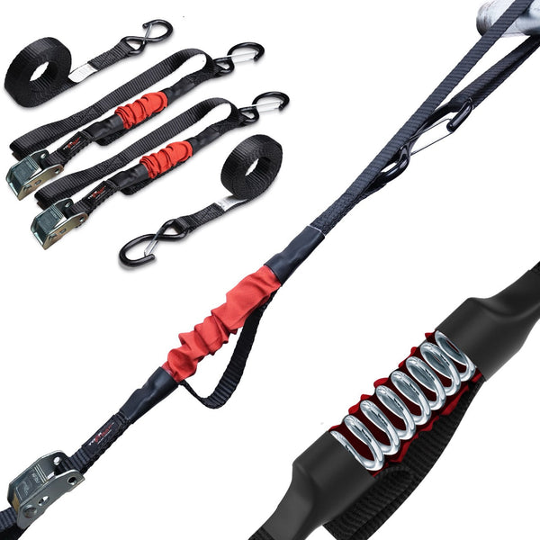 TorkStrap M500 | 14'x1'' Spring Loaded Tie Down Straps - Adapts to Load Shifts - 1500lbs Max Load - Just Pull Alternative to Ratchet Straps with Hooks - For Securing Motorcycles, Kayaks, ATVs TorkStrap