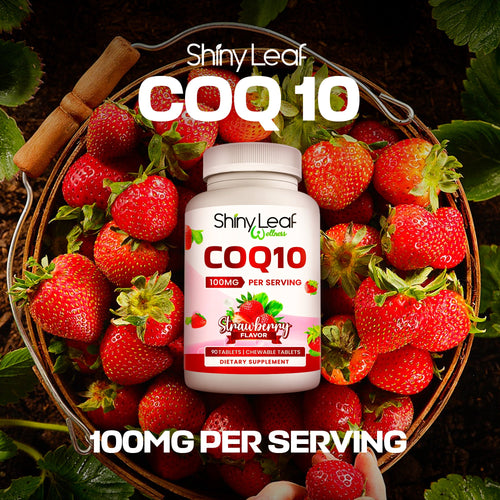 CoQ10 100mg Strawberry Chewable Tablets Shiny Leaf