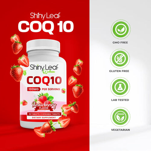 CoQ10 100mg Strawberry Chewable Tablets Shiny Leaf
