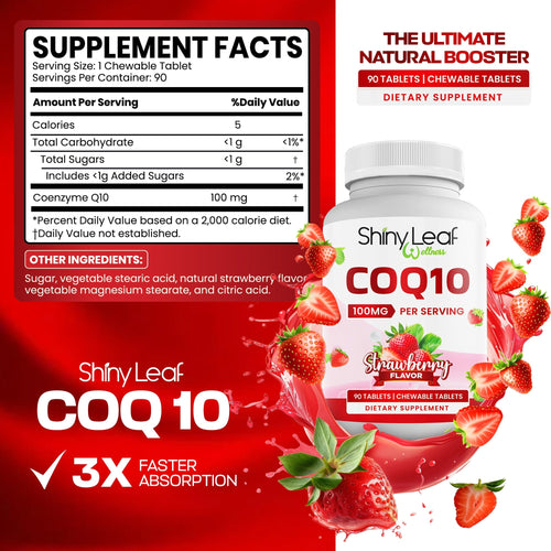 CoQ10 100mg Strawberry Chewable Tablets Shiny Leaf