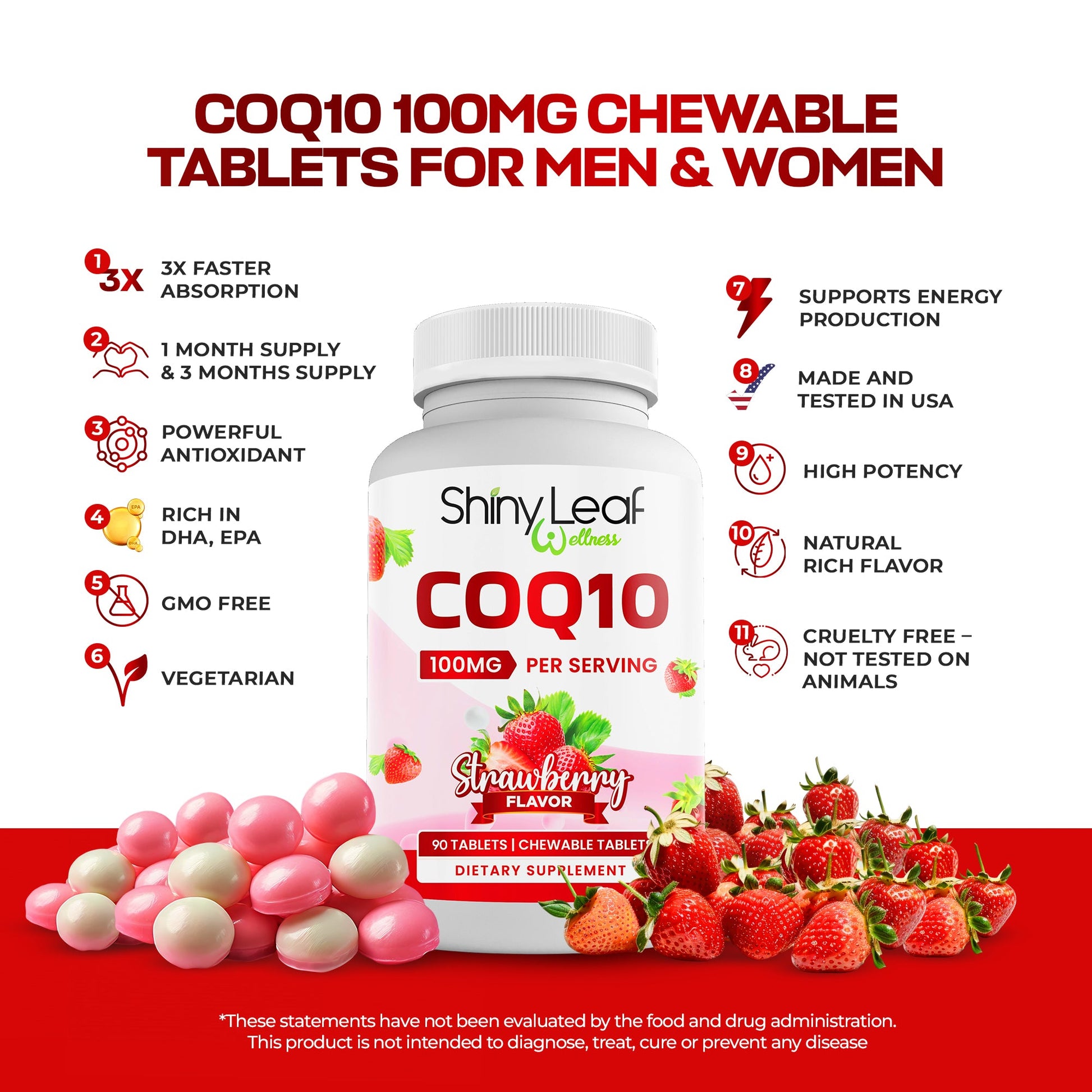Shiny Leaf Shiny Leaf CoQ10 100mg Strawberry Chewable Tablets