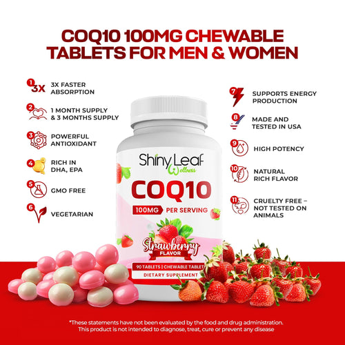 CoQ10 100mg Strawberry Chewable Tablets Shiny Leaf