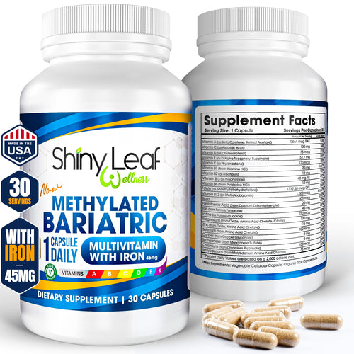 Methylated Bariatric Multivitamins with 45mg Iron 1 capsule a day Shiny Leaf