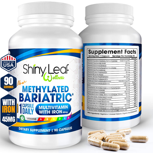 Methylated Bariatric Multivitamins with 45mg Iron 1 capsule a day Shiny Leaf