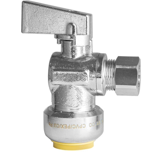1/2" Push Connect x 3/8" OD Compr. Unigold Push Fit Angle Stop Valve, 1/4 Turn (Lead Free)
