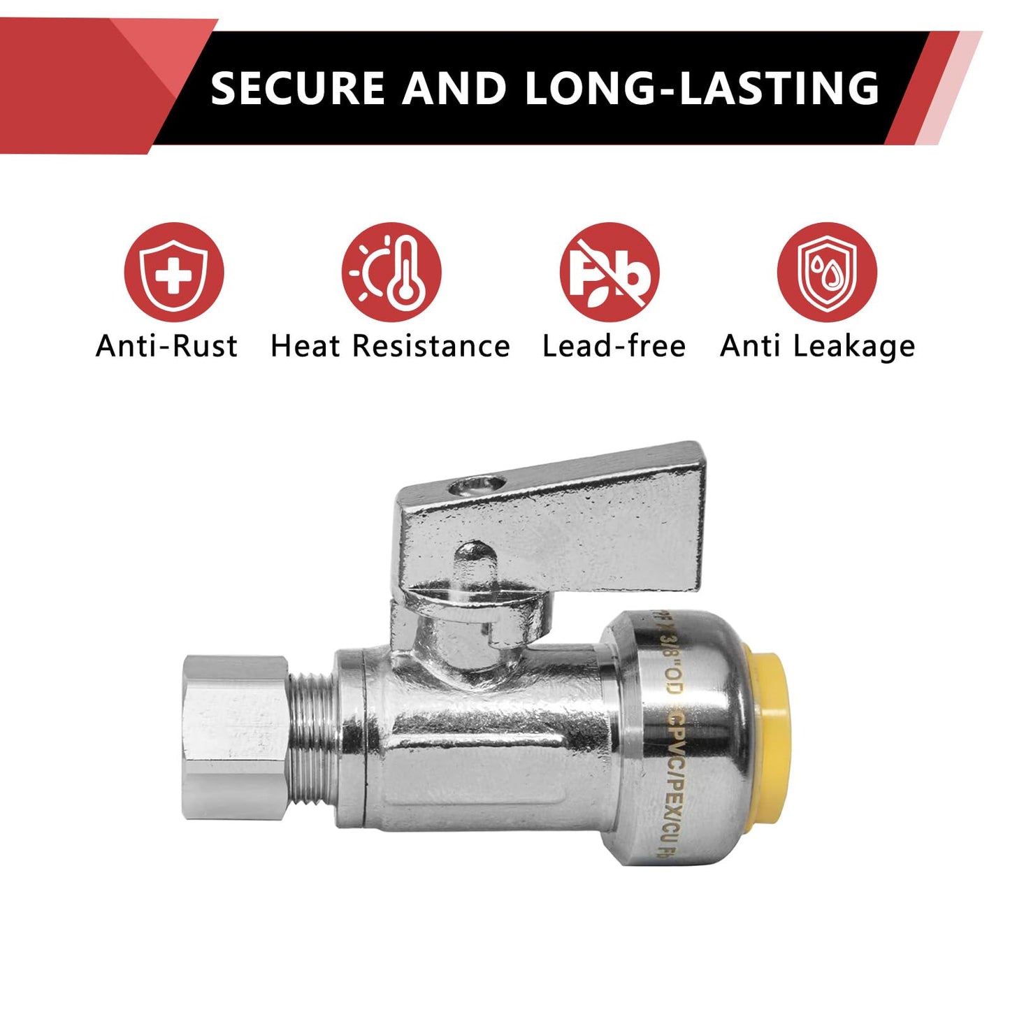 10 Pcs 1/2" Push Connect x 3/8" OD Compr. Unigold Push Fit Straight Stop Valve, 1/4 Turn (Lead Free) Plumbingsell