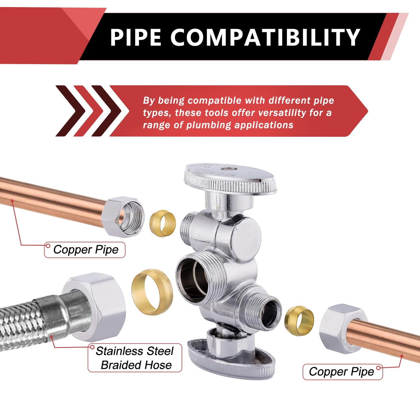 10 Pcs 1/2" PEX Crimp x 3/8" OD Compr. x 3/8" OD Compr. Dual Stop Valve, 1/4 Turn (Lead Free)