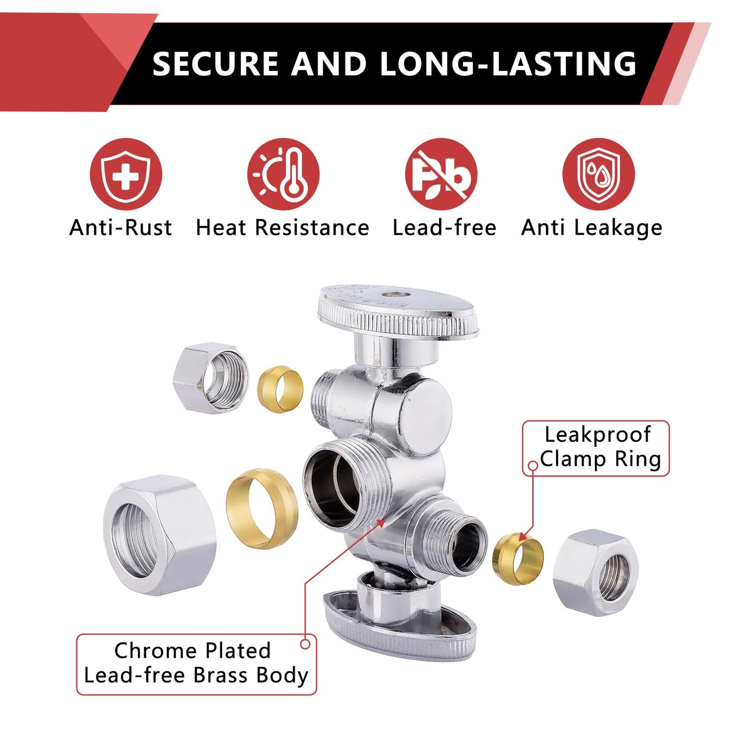 10 Pcs 1/2" PEX Crimp x 3/8" OD Compr. x 3/8" OD Compr. Dual Stop Valve, 1/4 Turn (Lead Free)