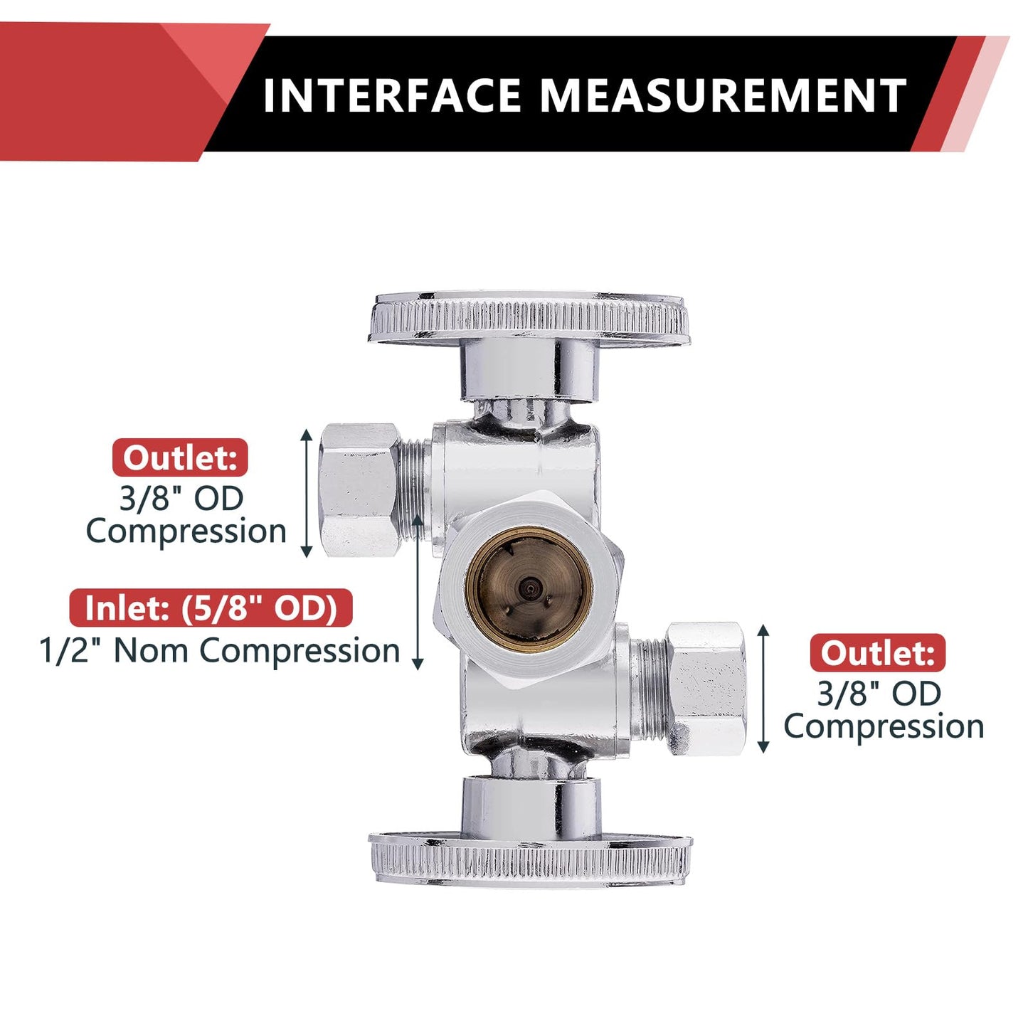 10 Pcs 5/8" OD Compr. x 3/8" OD Compr. x 3/8" OD Compr. Dual Stop Valve, 1/4 Turn (Lead Free)