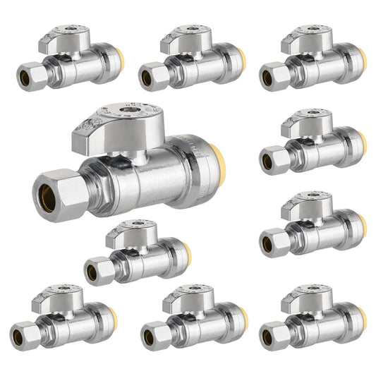 10 Pcs 1/2" Push Connect x 3/8" Compr. Straight Stop Valve, New Handle, 1/4 Turn (Lead Free)