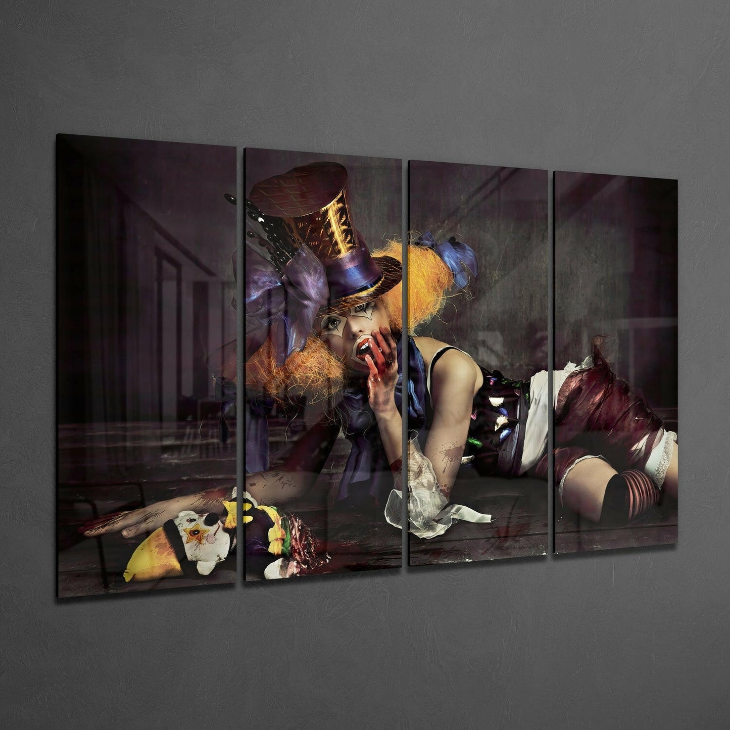 Insigneart USA Woman Clown 4 Pieces Mega Glass Wall Art (59"x36")